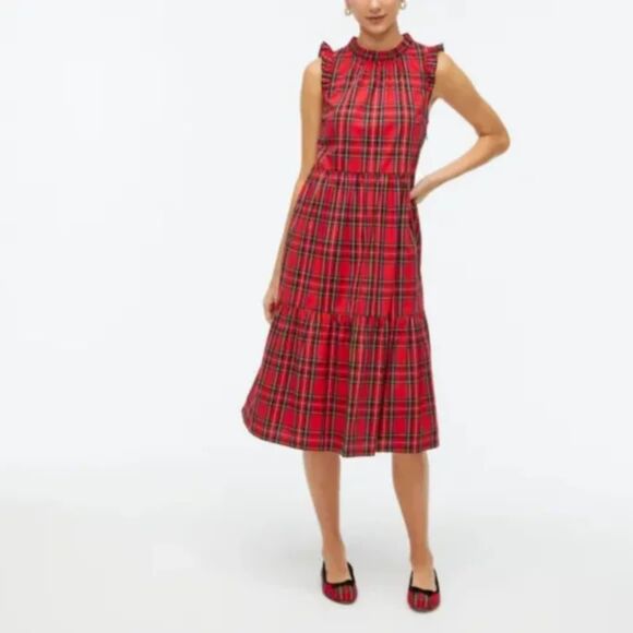 J. Crew NWT Tartan Plaid Midi Dress Ruffled Tiered Pockets Preppy Red Sz 0 I102 - Picture 2 of 14